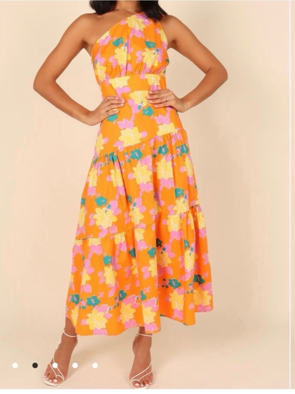 Petal + Pup Kiara One Shoulder Dress Orange Floral 100% Cotton Size Medium